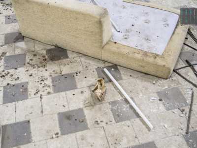 Per terra spicca un divano marchiato dalle impronte di un cagnolino 